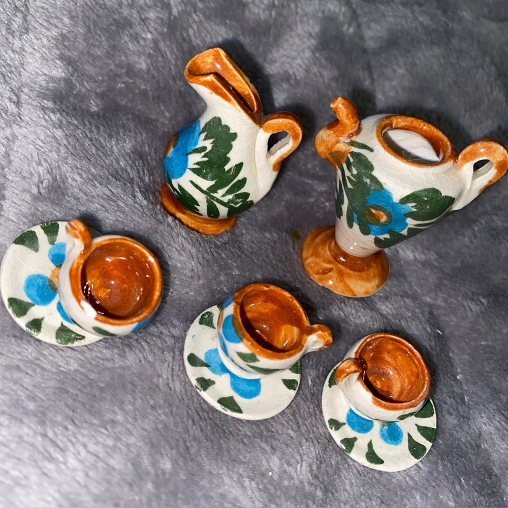 Vintage Floral Mini Terra Cotta Tea Set‎ Doll House Size 8 Pc Set